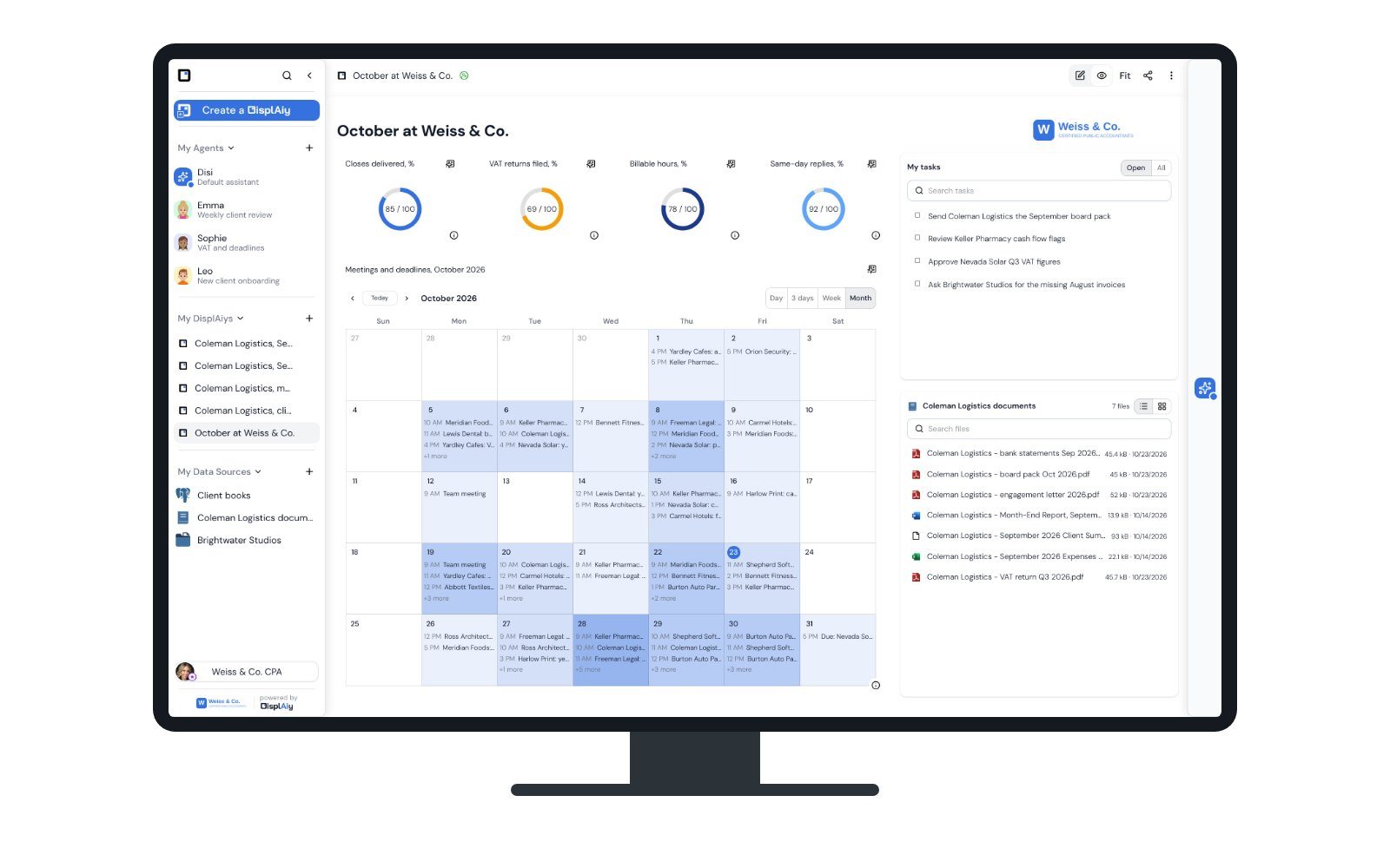 On a desktop, the firm's goals and tasks on one DisplAiy: four gauges showing how far the month's targets are complete, a month calendar of client meetings and deadlines, each day shaded by how full it is, a task list with the tasks the agents added, and a client's documents.