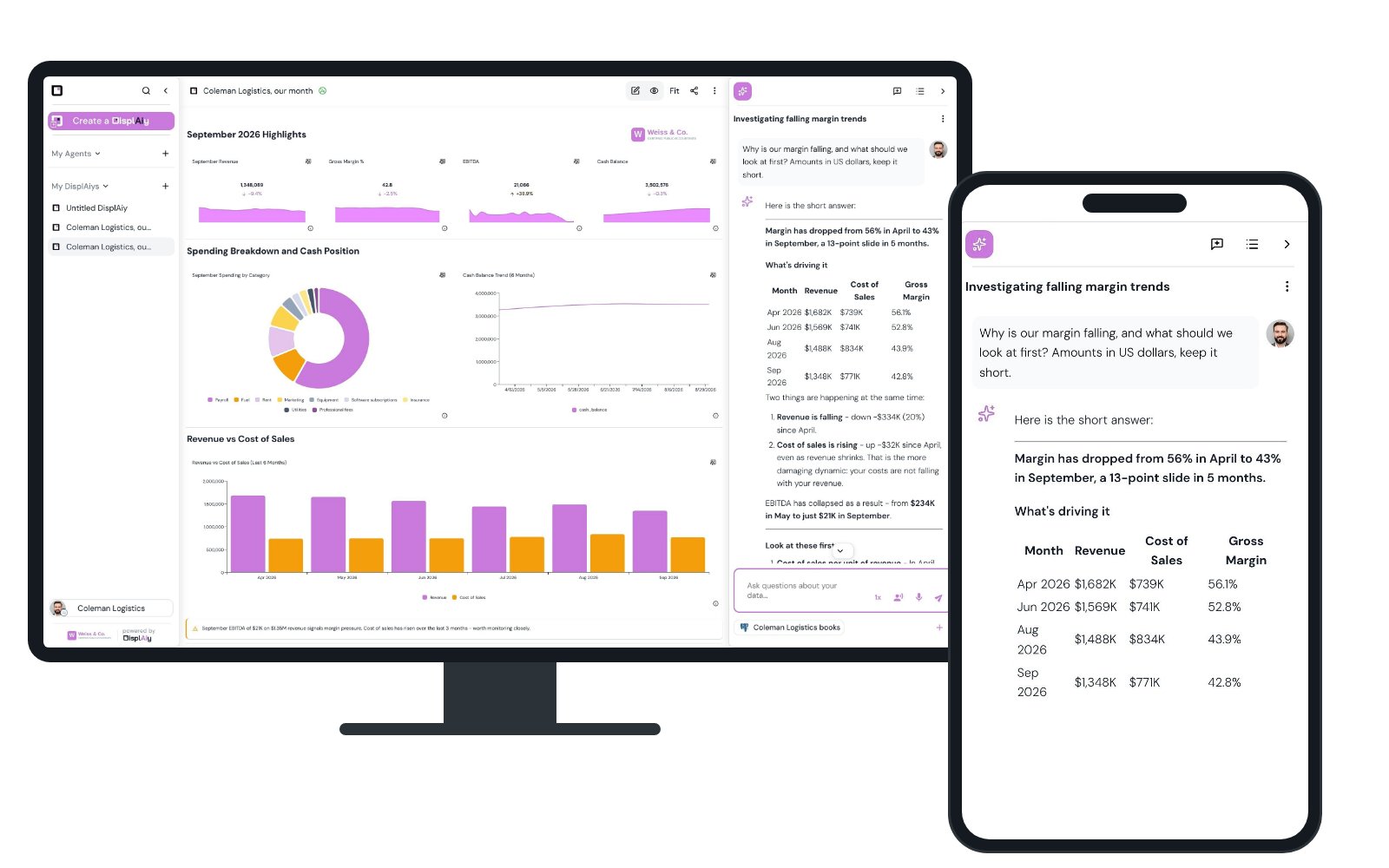 A client, Coleman Logistics, sees their own view under the accounting firm's brand on a desktop, and on a phone asks why their margin is falling and gets the answer.