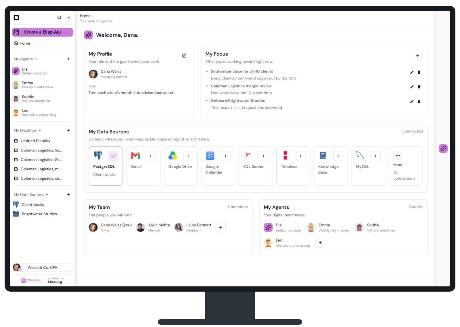 The DisplAiy home page: your profile and focus, your data sources with Gmail, Google Drive, Google Calendar, PostgreSQL and Timeless, your team, and your agents led by Disi, the AI assistant.